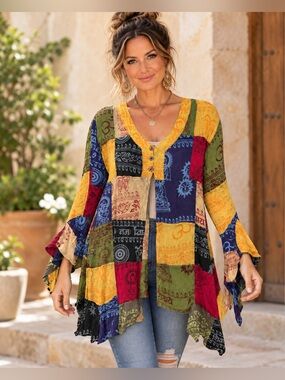 Rhea NWT Patchwork Boho M Tunic Top Bell Sleeve Made in Nepal